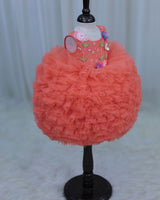 Coral Cute Ball Shape Frilled Gown with Hand Crafted Yoke
