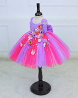 Dark Neon Pink & Lavender Gown Embellished with Beads & Pastel Flowers
