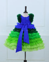 Peacock Shaded Fluffy Layered Gown with Curve Line Bead Work