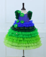 Peacock Shaded Fluffy Layered Gown with Curve Line Bead Work