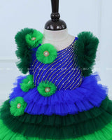 Peacock Shaded Fluffy Layered Gown with Curve Line Bead Work