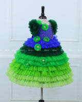 Peacock Shaded Fluffy Layered Gown with Curve Line Bead Work