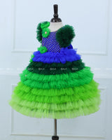 Peacock Shaded Fluffy Layered Gown with Curve Line Bead Work