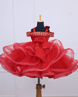 Red and Maroon Cold Shoulder Swirled Gown with Antique Gold Rich Handwork