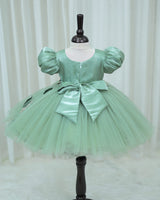 Sage Green Pumpkin Ball Sleeve Gown With Jungle Animal Prints And Leafy Tulle Skirt