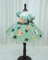 Sage Green Pumpkin Ball Sleeve Gown With Jungle Animal Prints And Leafy Tulle Skirt