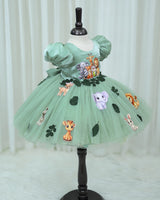 Sage Green Pumpkin Ball Sleeve Gown With Jungle Animal Prints And Leafy Tulle Skirt