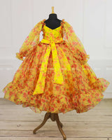 Yellow floral printed organza gown with red peony flower waist belt