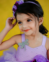 Lavender with purple color gradient asymmetrical layered gown with dragonfly applique