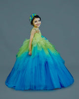 Kids Light Green and Blue Floral Theme Gown Online | Kids Floral Dress Online