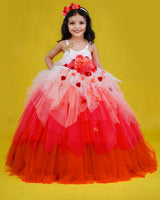 Peach and Coral Pink Color Asymmetrical Layered Gown Online | Kids Party Wear Online