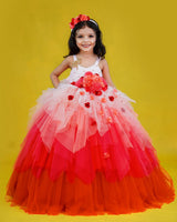 Peach and Coral Pink Color Asymmetrical Layered Gown Online | Kids Party Wear Online