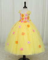 Net Cap Sleeve 3D Hand Crafted Flower Appliques Floral Full Gown - Yellow(New)(Bestseller)