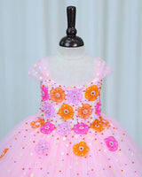 Net Cap Sleeve 3D Hand Crafted Flower Appliques Floral Full Gown - Baby Pink(New)