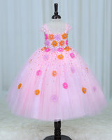 Net Cap Sleeve 3D Hand Crafted Flower Appliques Floral Full Gown - Baby Pink(New)