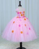 Net Cap Sleeve 3D Hand Crafted Flower Appliques Floral Full Gown - Baby Pink(New)