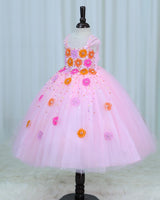 Net Cap Sleeve 3D Hand Crafted Flower Appliques Floral Full Gown - Baby Pink(New)