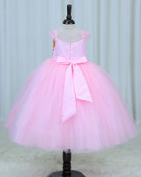 Net Cap Sleeve 3D Hand Crafted Flower Appliques Floral Full Gown - Baby Pink(New)