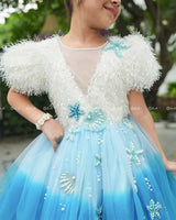 Sky Blue and Sea Blue Double Shaded Aqua Marine Theme Gown with Heavy Bead Patches