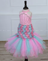 Baby Pink and Tame Teal Halter-neck Fish-cut Dress Featuring Heavily Handworked Yoke.