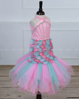 Baby Pink and Tame Teal Halter-neck Fish-cut Dress Featuring Heavily Handworked Yoke.