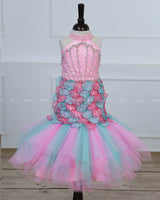 Baby Pink and Tame Teal Halter-neck Fish-cut Dress Featuring Heavily Handworked Yoke.