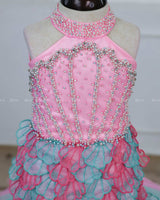 Baby Pink and Tame Teal Halter-neck Fish-cut Dress Featuring Heavily Handworked Yoke.