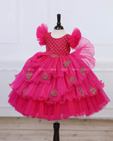 Dark Pink Frill Sleeve Gown with Fabric Manipulation and Rose Flower Patches