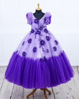 Lavender and Purple Double Shaded Gown with Handcrafted Flowers and Leaves.