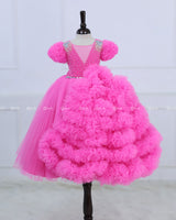 Fuchsia Pink cloudy one side frill gown