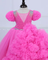 Fuchsia Pink cloudy one side frill gown