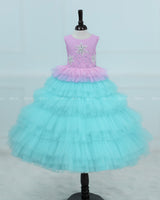 Pink Lavender and Turquoise Blue Layered Tulle Gown