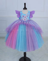 Multi Color Gown Featuring Embroidery Bodice With Detachable Tulle Skirt And Flutter Sleeve.