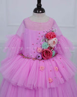 Pink Lavender High Low Layered Gown with Pastel Pink, Pastel Lavender And Mint Green Flowers