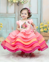 Pink-Orange Layered Frock With Floral Yoke And 3D Flower Detailing.