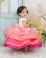 Pink-Orange Layered Frock With Floral Yoke And 3D Flower Detailing.