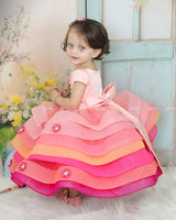 Pink-Orange Layered Frock With Floral Yoke And 3D Flower Detailing.