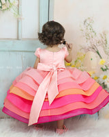 Pink-Orange Layered Frock With Floral Yoke And 3D Flower Detailing.