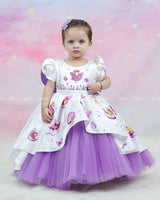 Fairy Tale Print Gown With Puff Sleeves And Layered Purple Tulle Skirt