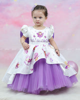 Fairy Tale Print Gown With Puff Sleeves And Layered Purple Tulle Skirt