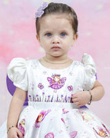 Fairy Tale Print Gown With Puff Sleeves And Layered Purple Tulle Skirt