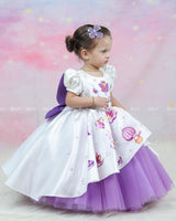 Fairy Tale Print Gown With Puff Sleeves And Layered Purple Tulle Skirt
