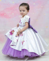Fairy Tale Print Gown With Puff Sleeves And Layered Purple Tulle Skirt
