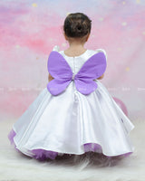 Fairy Tale Print Gown With Puff Sleeves And Layered Purple Tulle Skirt