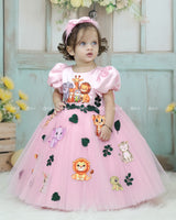 Pink Puff Sleeve Gown With Jungle Animal Prints And Leafy Tulle Skirt