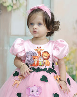 Pink Puff Sleeve Gown With Jungle Animal Prints And Leafy Tulle Skirt