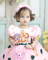 Pink Puff Sleeve Gown With Jungle Animal Prints And Leafy Tulle Skirt