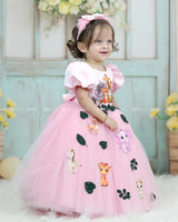 Pink Puff Sleeve Gown With Jungle Animal Prints And Leafy Tulle Skirt