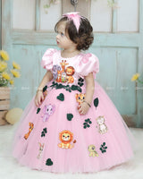 Pink Puff Sleeve Gown With Jungle Animal Prints And Leafy Tulle Skirt