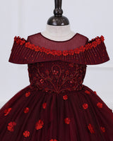 Dark Burgundy embroidered lace detailing gown with hand crafted cold shoulder yoke.
